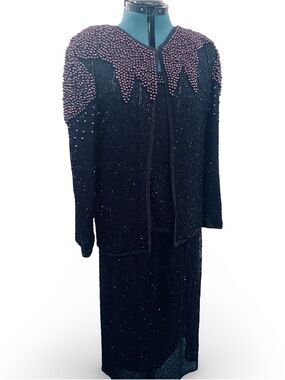 80s Four Piece Black and Purple Beaded Evening Dress
